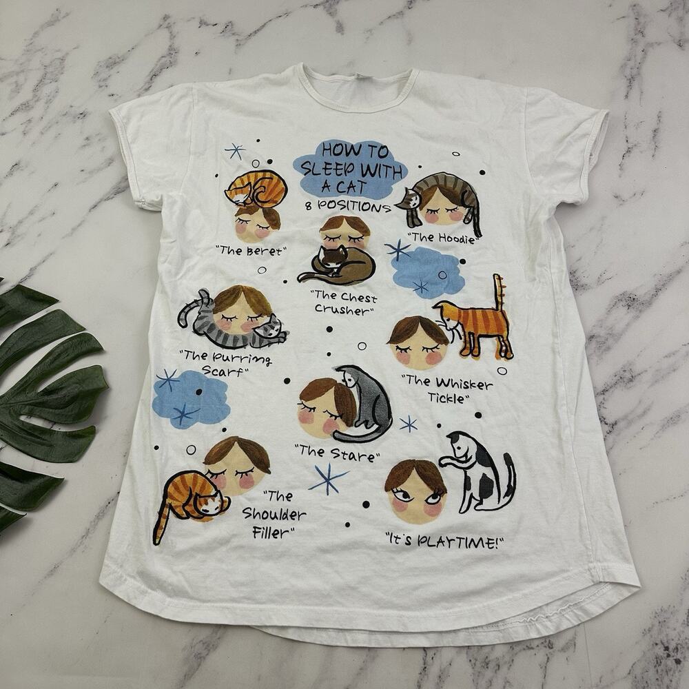 Relevant Womens Vintage Y2k Night Shirt One Size White Sleep With Cat Jokes